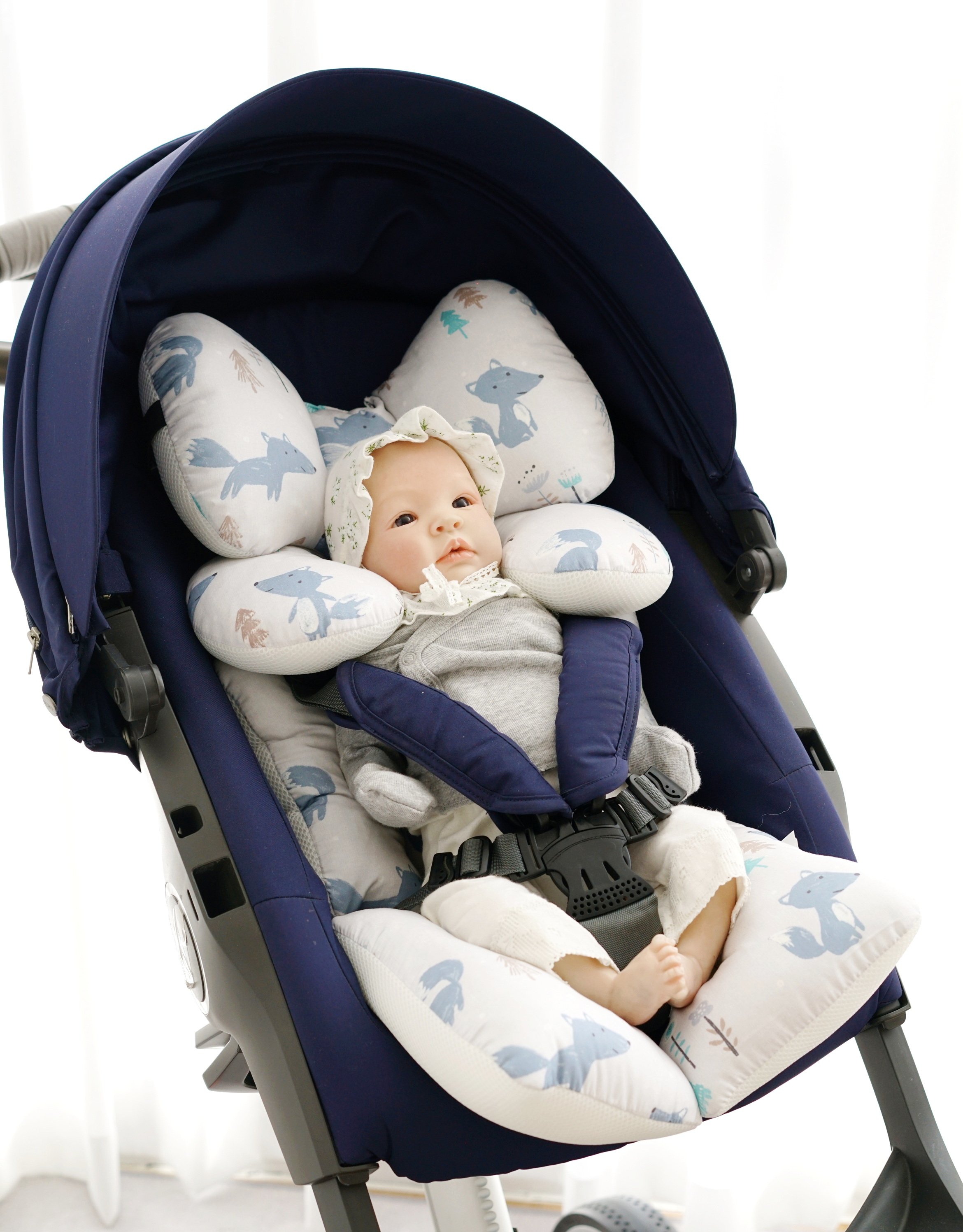 เบาะรองรถเข็น คาร์ซีท ARIBEBE ผ้า MICROMODAL ลายสุนัขจิ้งจอก ฟ้า/ขาว_0